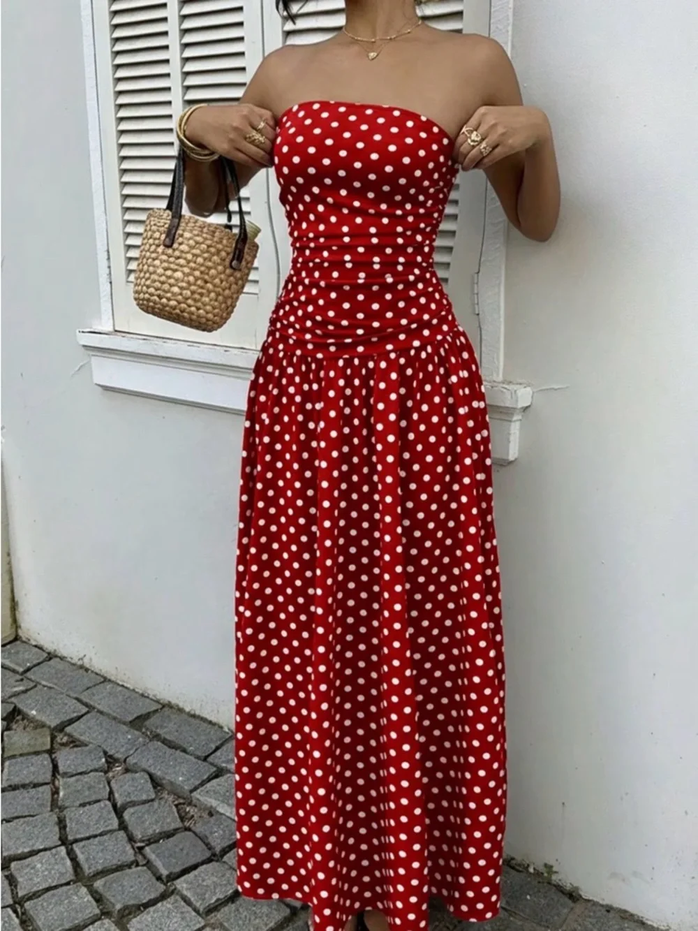 Chic Strapless Red Polka Dot Summer Dress New Boutique - Picture 2 of 7